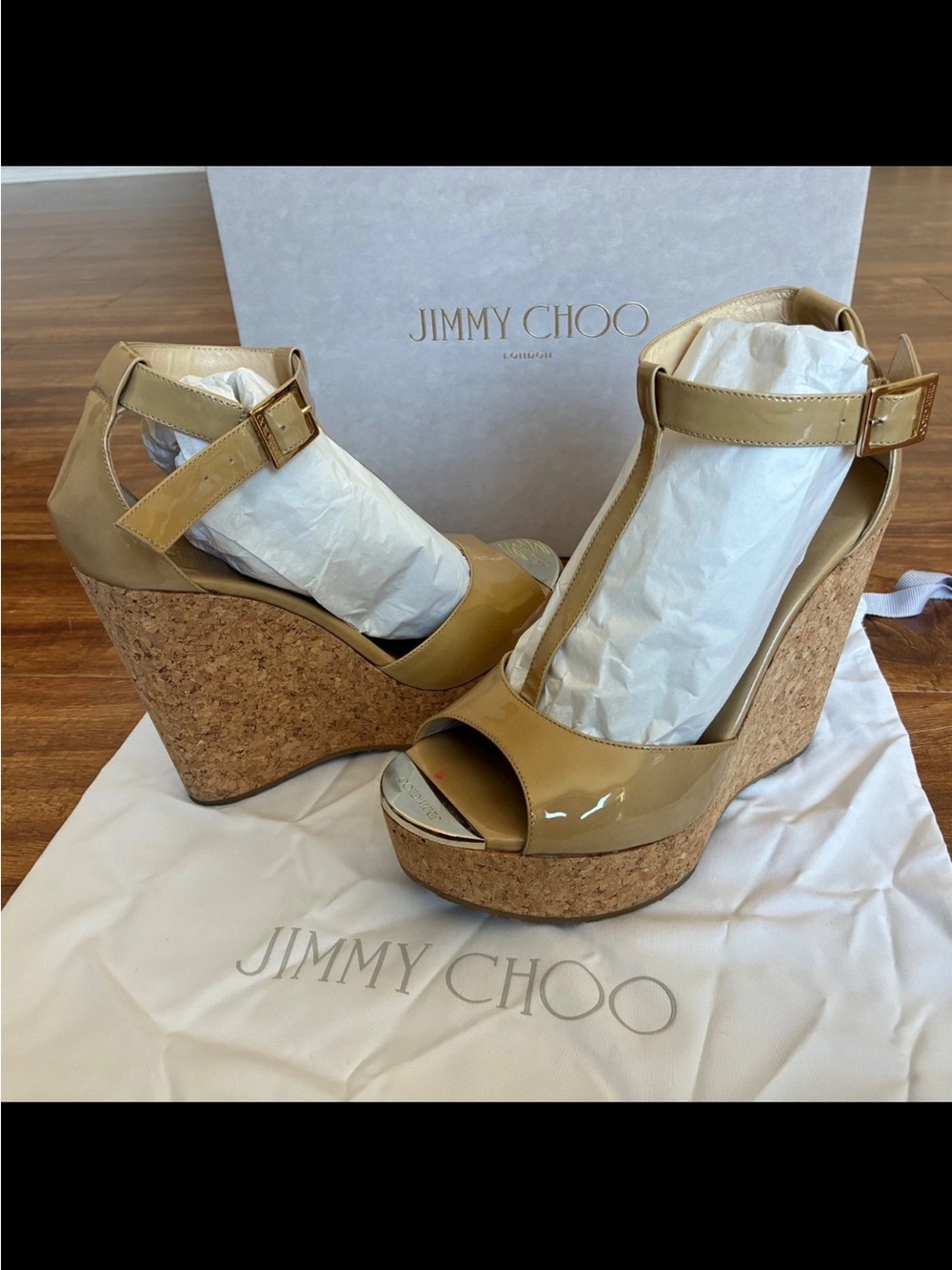 JIMMY CHOOSE PELA Nude Patent Cork Platform Wedge T-Strap Sandals Shoes Sz 37.5